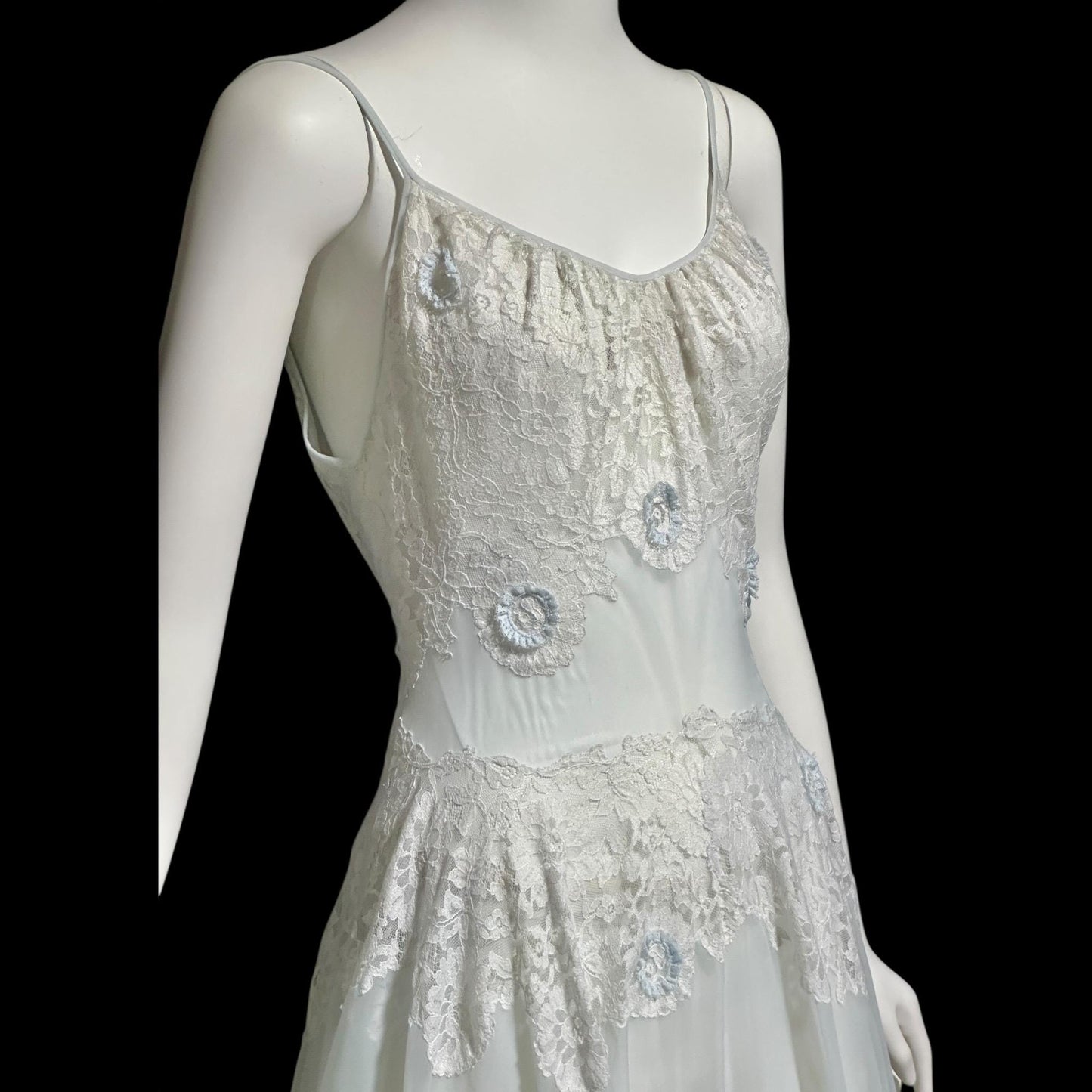 VANITY FAIR, vintage 1950s Nightgown Slip Dress, Sheer Powder Blue Nylon and Lace House Dress