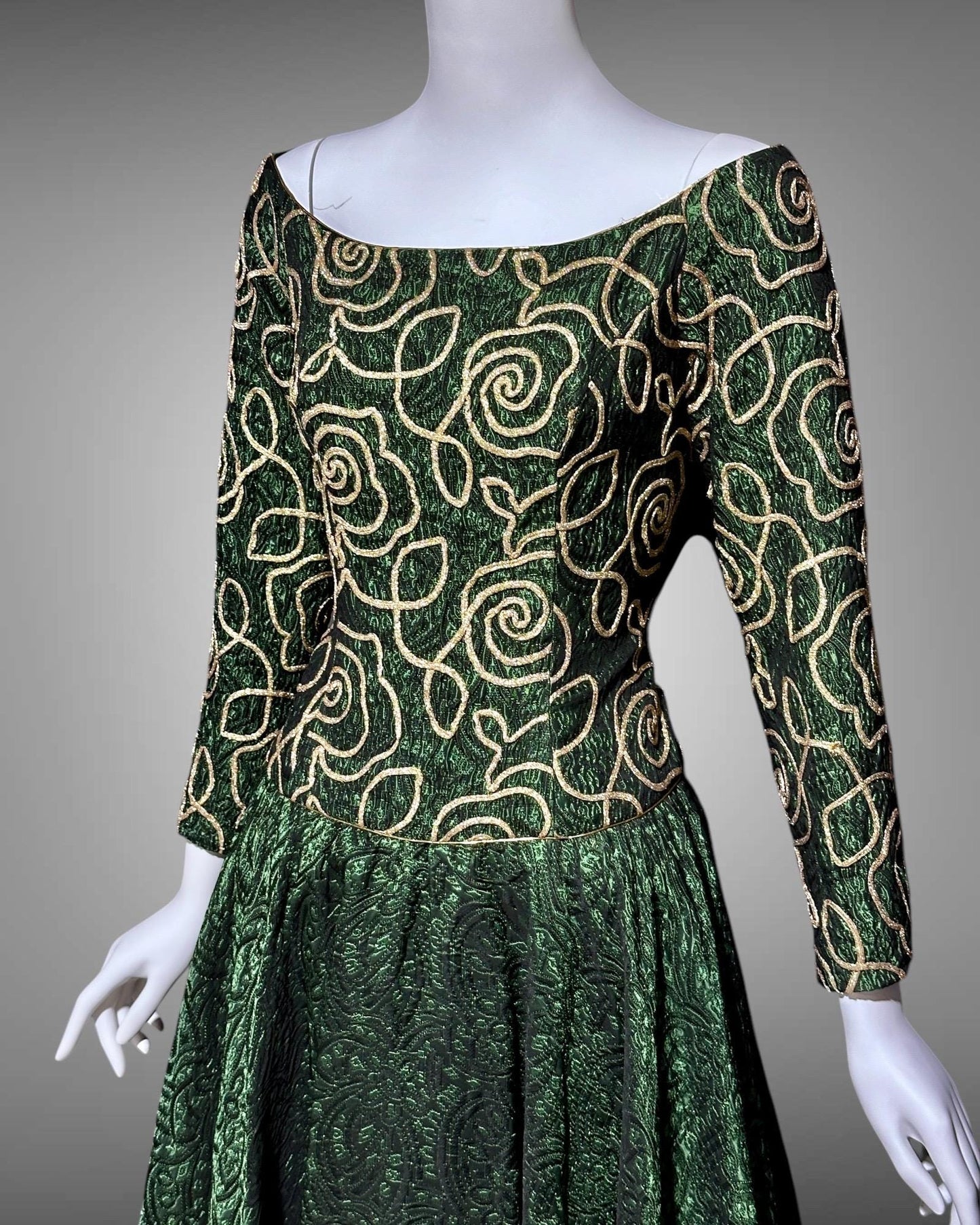 TERENCE NOLDER London, 1980s vintage gown, deep green and gold long sleeve ball gown