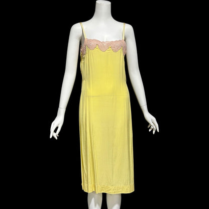 1920s vintage nightgown slip dress, canary yellow silk and pink lace shift dress