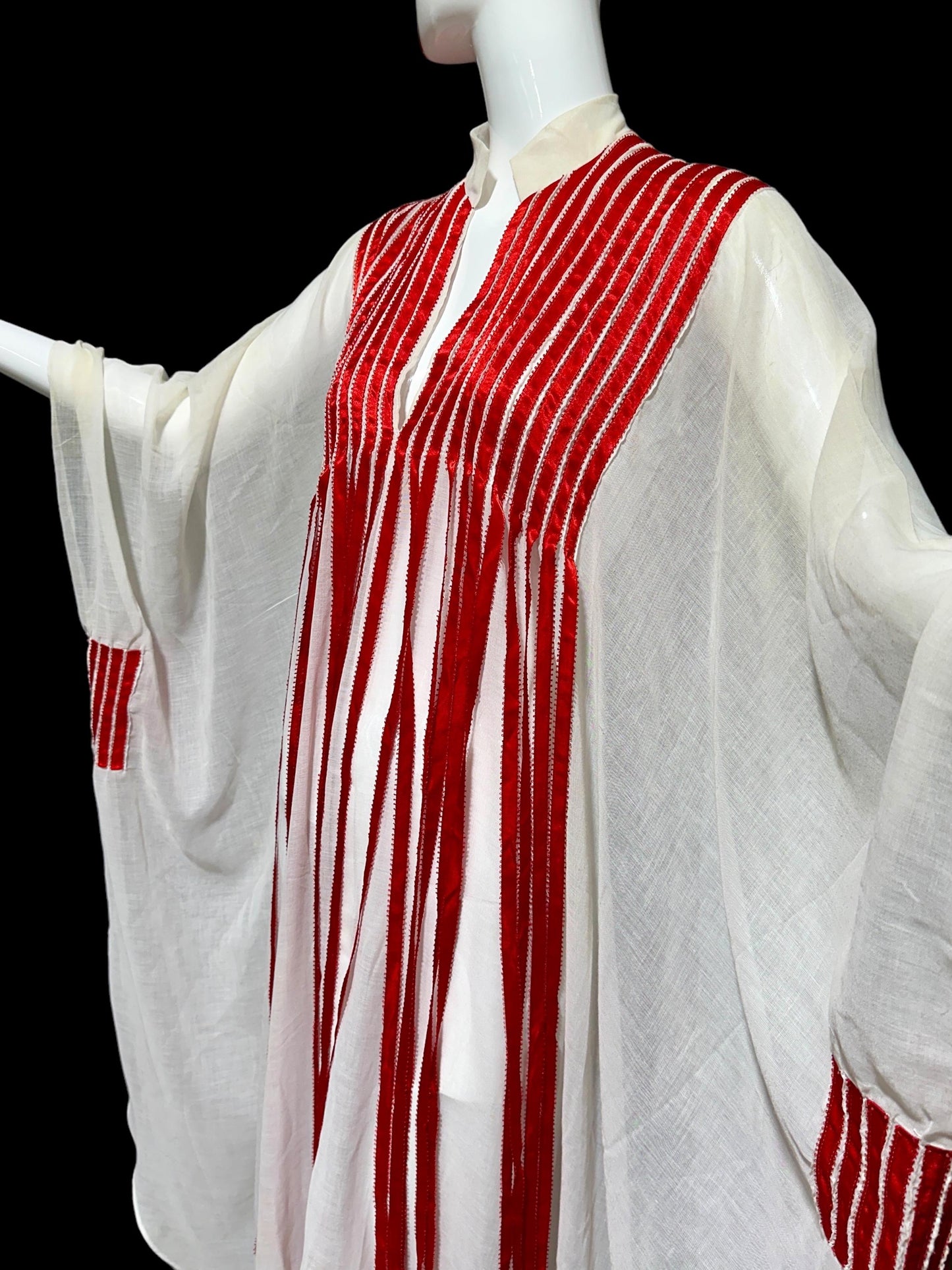 1970s Vintage white gauze caftan dress, Sheer breezy fabric with streaming red ribbons