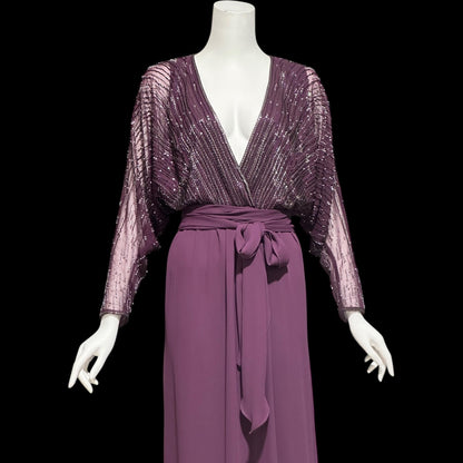 JACK BRYAN vintage evening dress gown, 1970s Aubergine Eggplant Purple chiffon beaded dolman sleeves, Deep V
