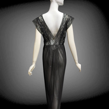 MYRA JOY Vintage 1950s Nightgown Lingerie Dress: Sheer Black Nylon Lace Slip Dress