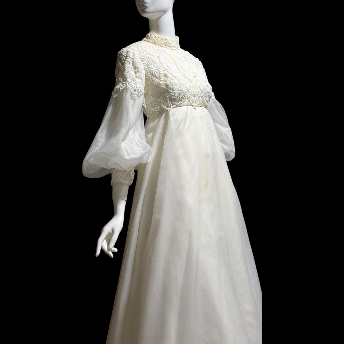 EMMA DOMB vintage wedding dress gown, 1960s white Queen Anne High Neck Juliet Puffed Sleeve Romantic Bride