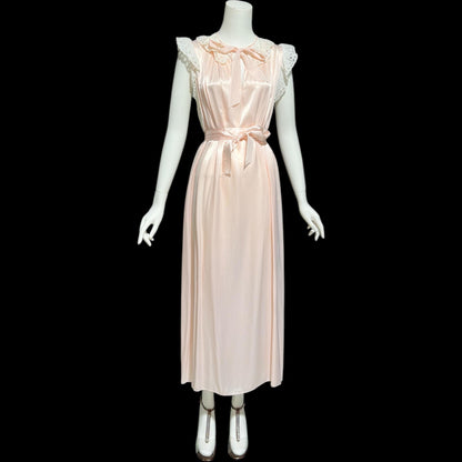 GODFRIED, vintage 1940s nightgown, Pink Bur-mil Rayon with white eyelet lace and waterfall back