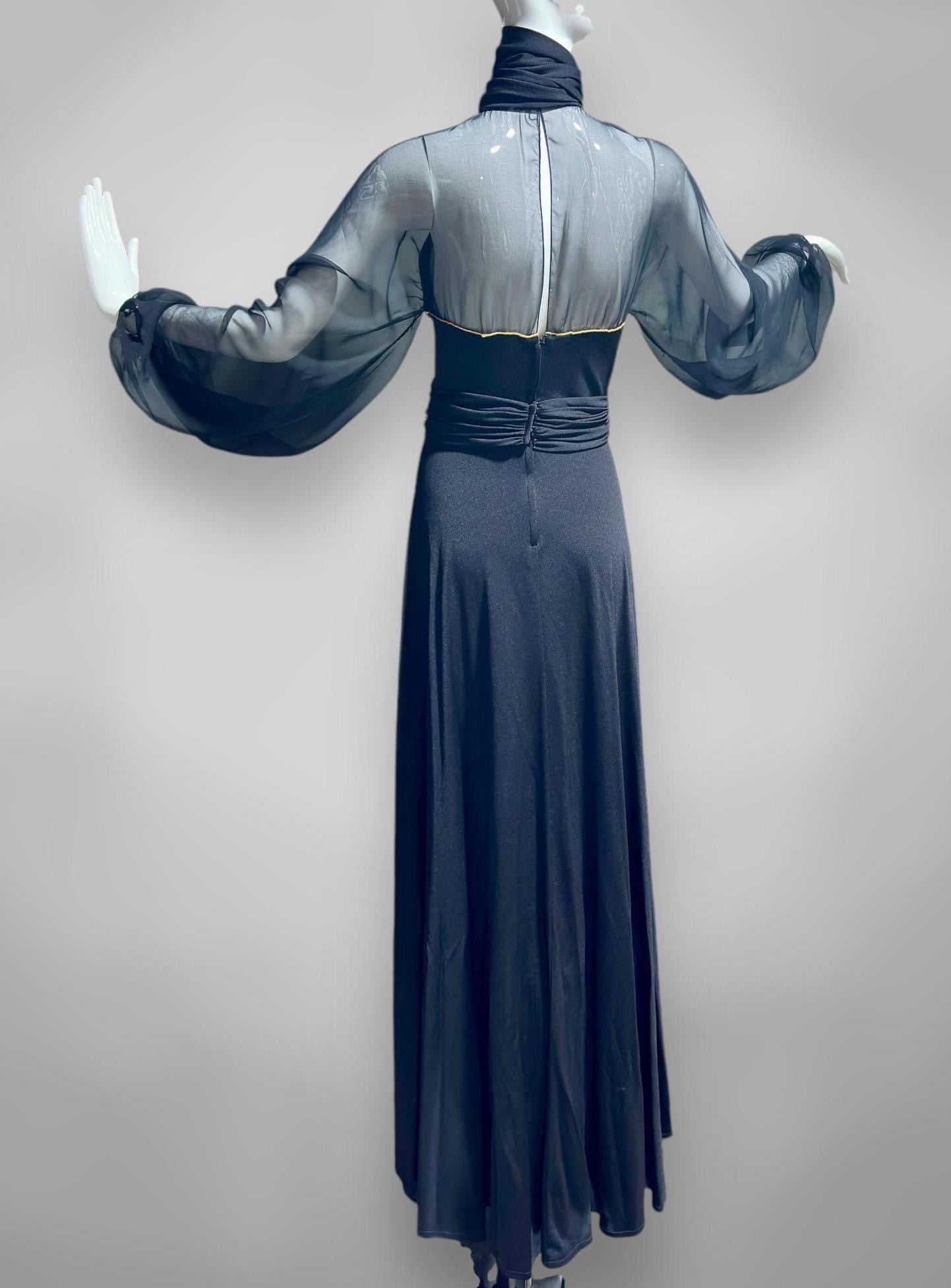 LILLIE RUBIN Collection 700, vintage 1970s evening gown, inky black jersey knit and chiffon ball gown