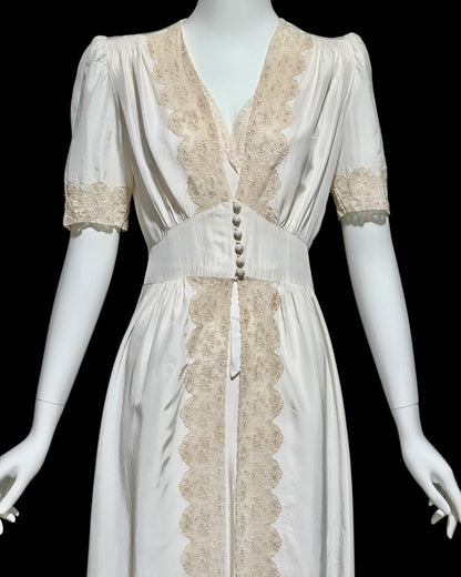 TULA, vintage 1940s peignoir set, white sheath slip dress robe set