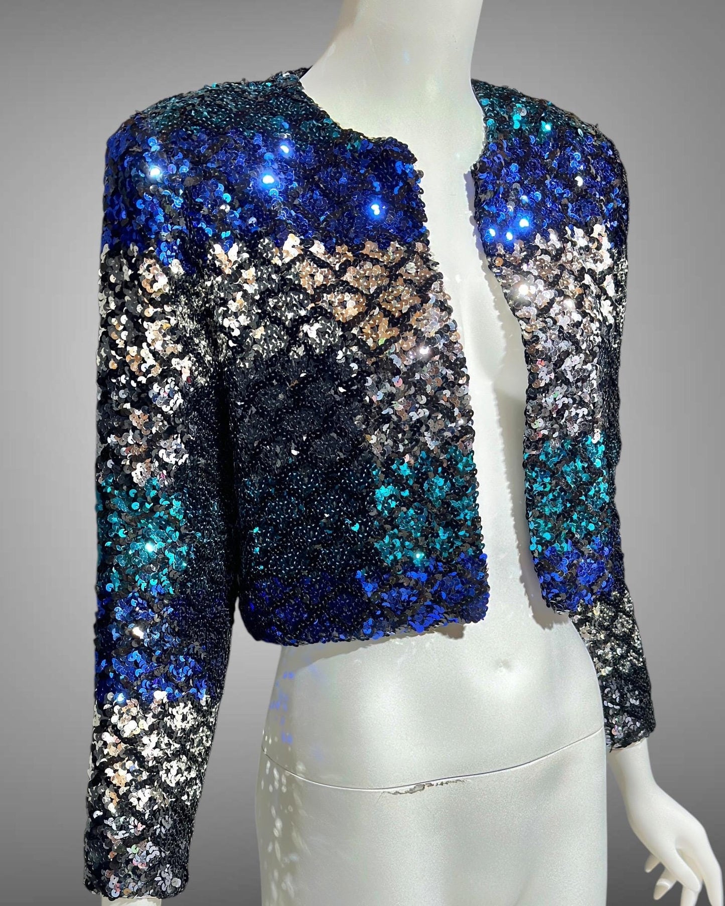 LILLIE RUBIN vintage Evening jacket, 1980s ombre sequins blue black silver cocktails party cropped jacket