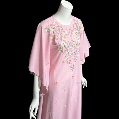 1970s vintage caftan dress, baby pink cotton, embroidered field of flowers, floral and cutwork Kaftan