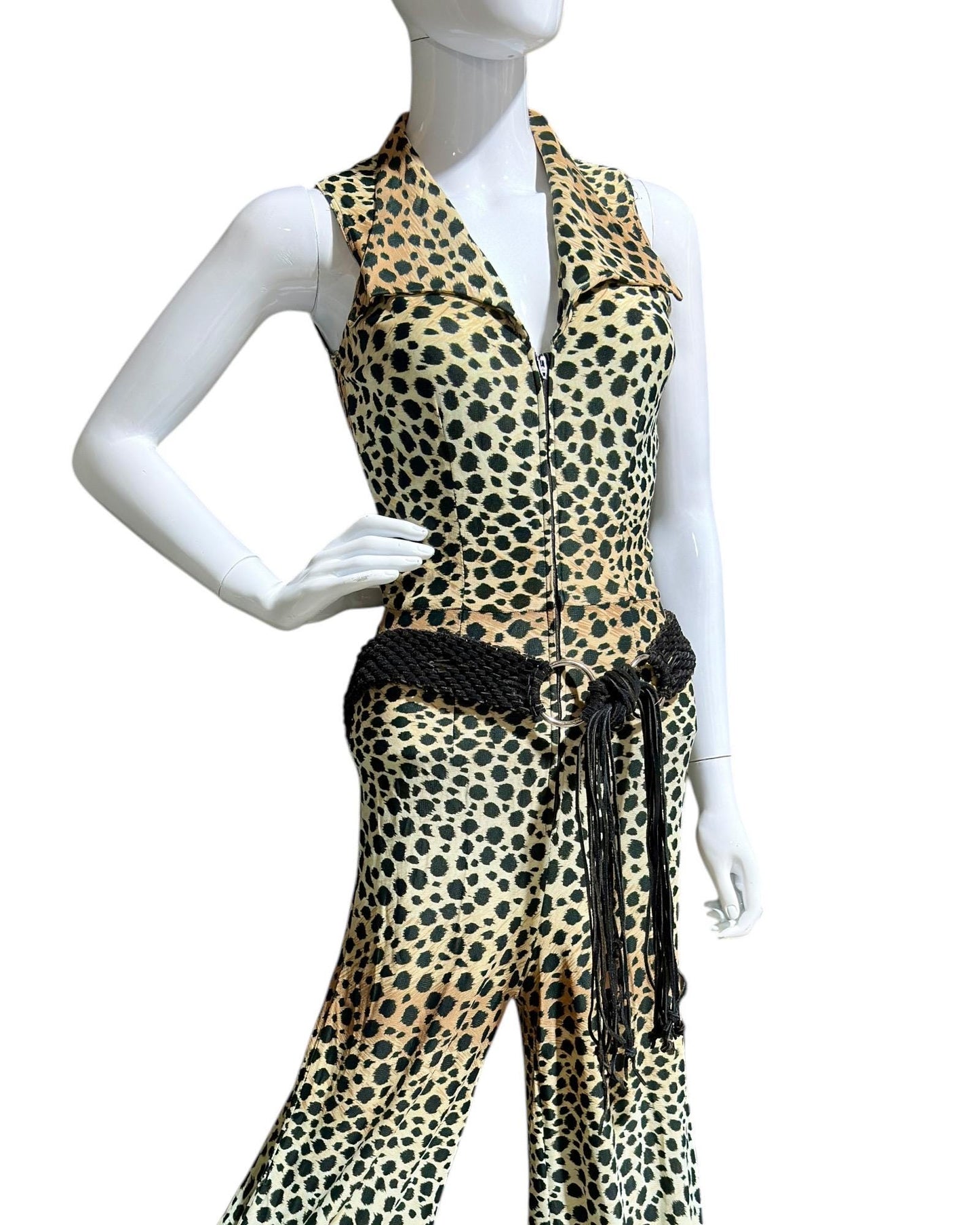 1970s vintage jumpsuit, Animal print BOND GIRL, bell bottom wide leg zip up jump suit