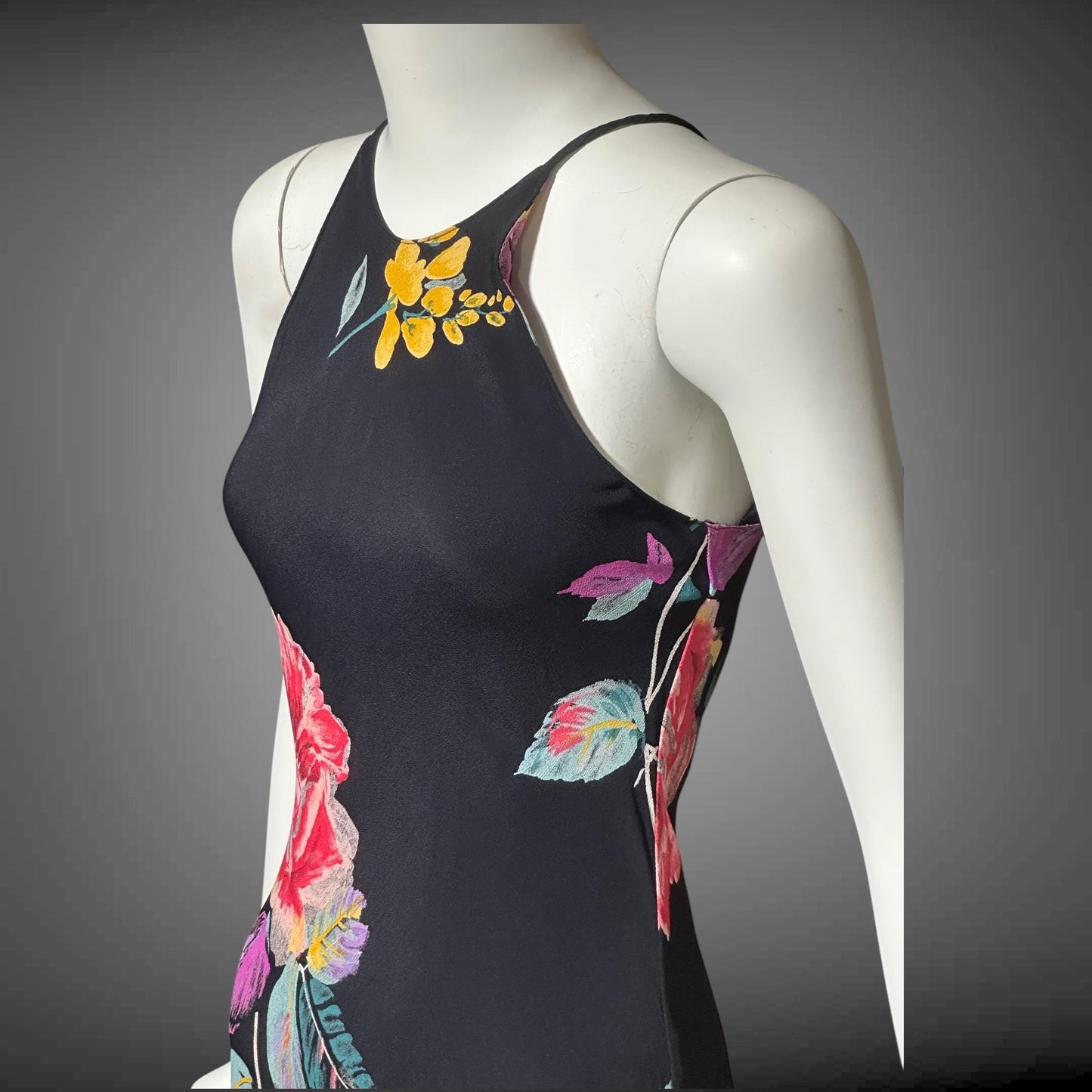 1990s vintage bias cut dress, Bodycon rose flower print evening sheath slip dress, maxi dress