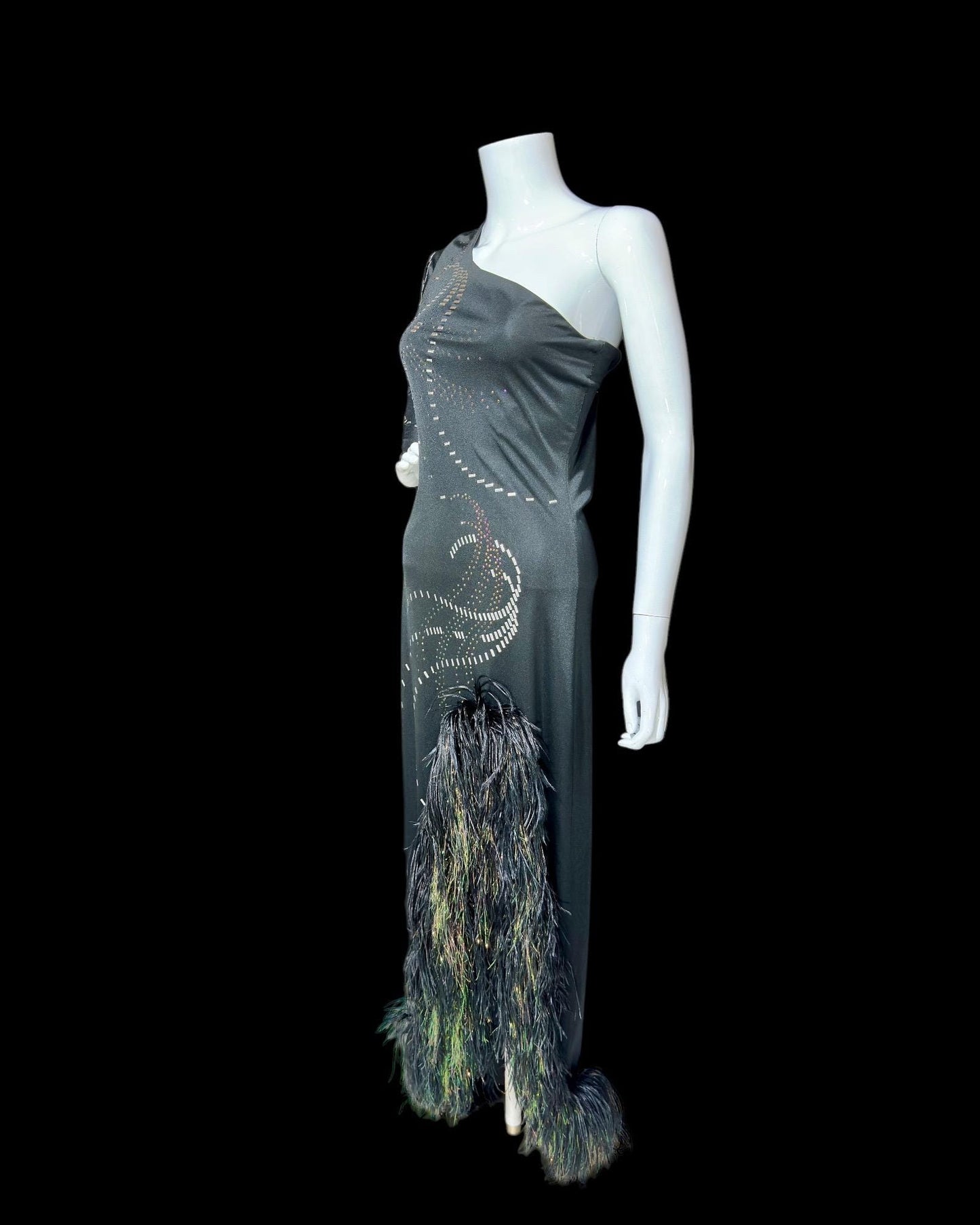 1970s vintage evening gown dress, Black bodycon one shoulder sheath jersey gown, Thigh high slit with Ostrich Feathers