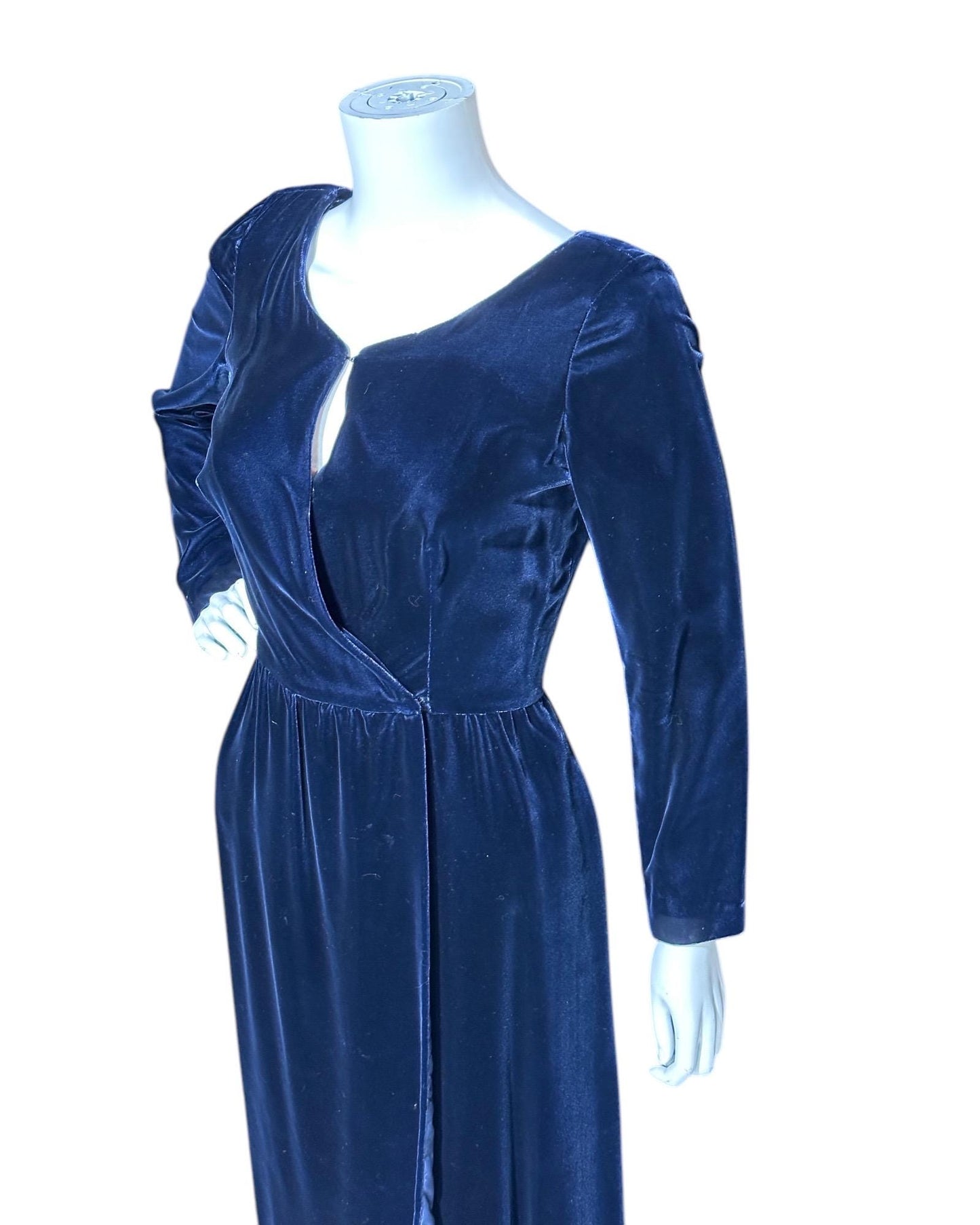 MOLLIE PARNIS vintage 1960s blue velvet wrap evening dress, Morty Sussman