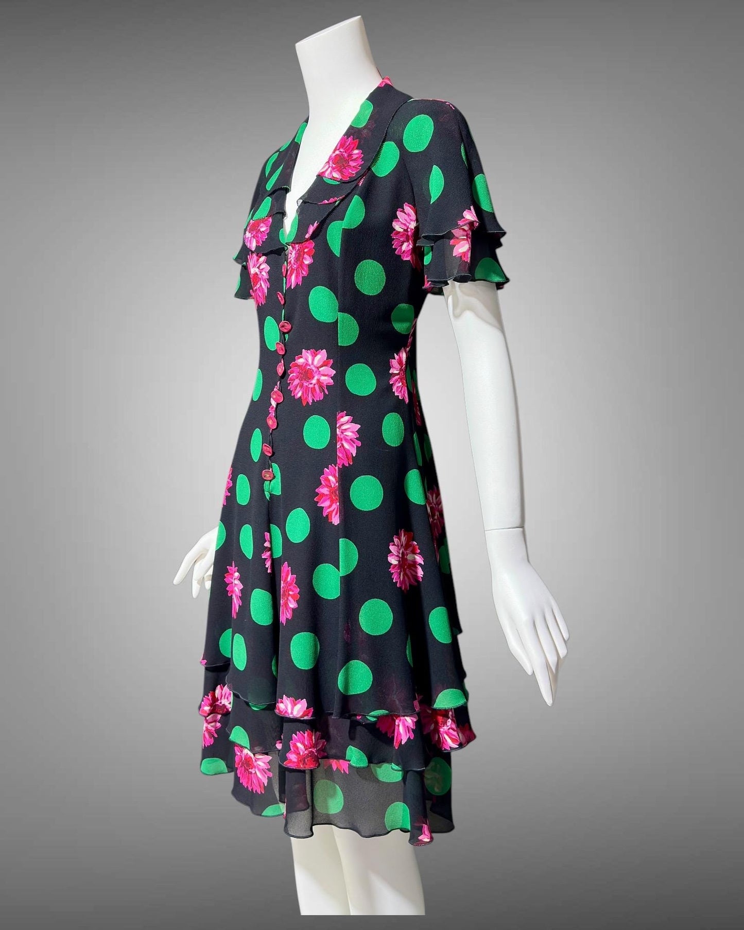 EMANUEL UNGARO 1980s vintage evening dress, polka dots and dahlias, button front flirty tiered ruffle skirt party dress