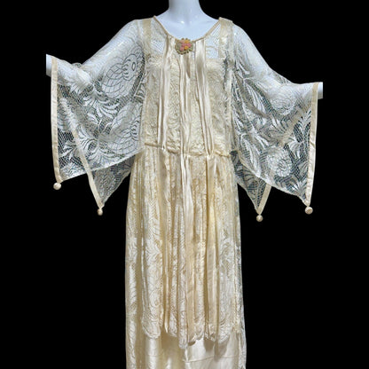 1920s Antique vintage wedding dress, Handmade candlelight white silk and lace slip dress with scarf sleeves, bridal flapper dress