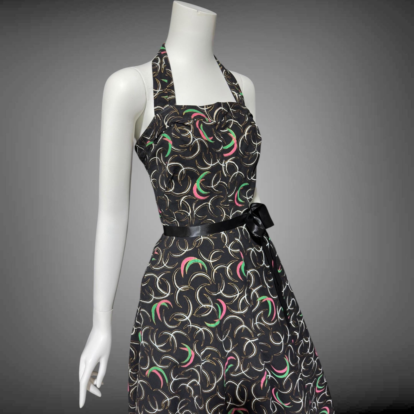 1950s vintage day dress, Shelf bust Halter Sundress, Black and pink cotton pinup dress