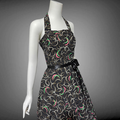 1950s vintage day dress, Shelf bust Halter Sundress, Black and pink cotton pinup dress
