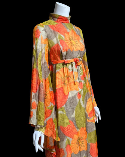 BOB BUGNAND Sam Friedlander,  Martha Weathered, vintage 1960s evening dress, Orange floral angel sleeves