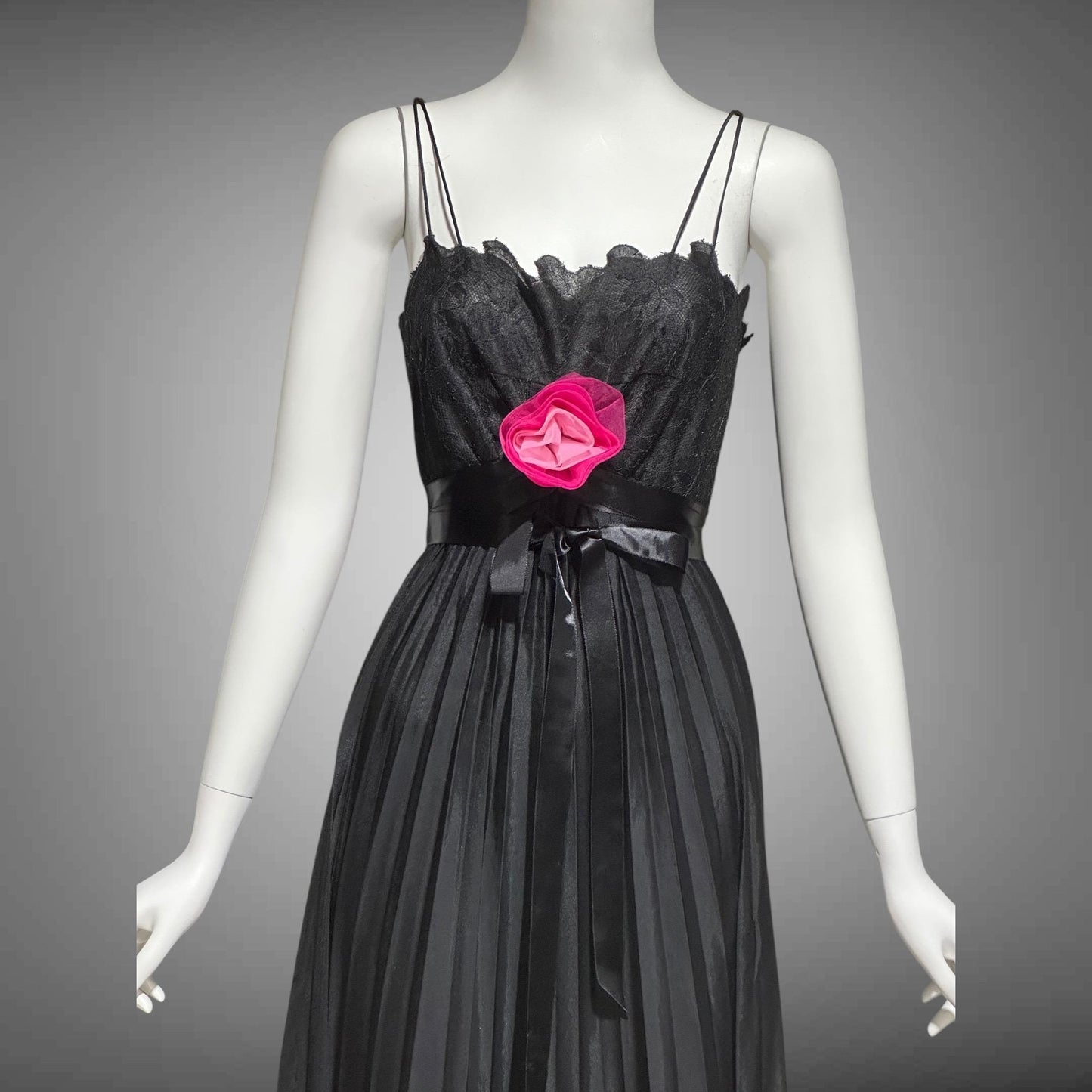 VANITY FAIR, vintage 1950s nightgown slip dress, Black sheer chiffon full pleated night dress, rosette Grecian goddess gown