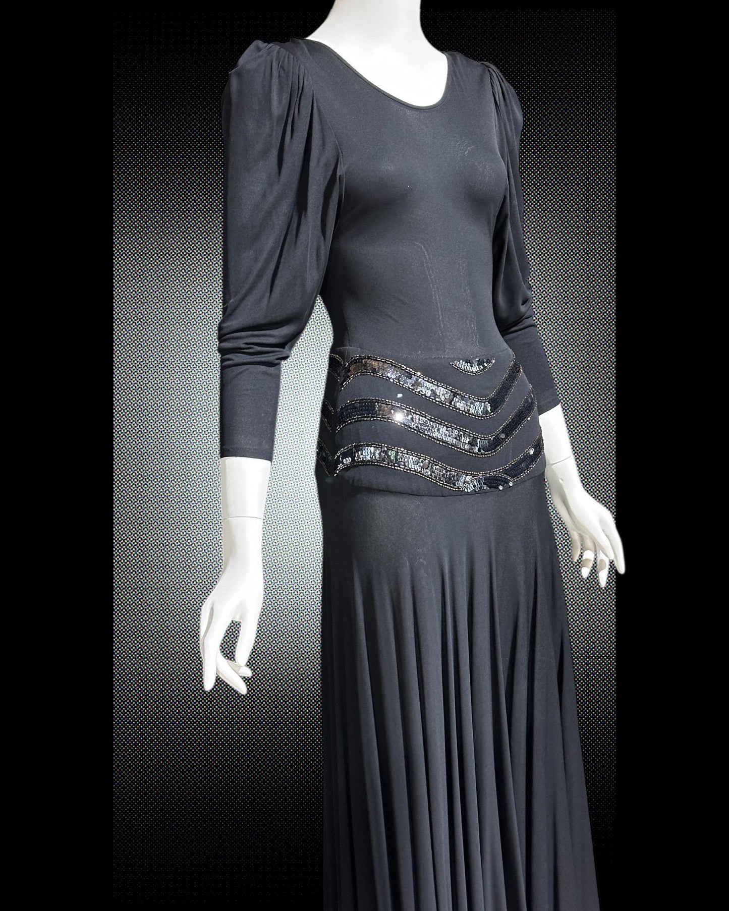 SAKS FIFTH AVENUE Made in England, 1970s evening dress, black jersey knit and sequins, 40s style dress