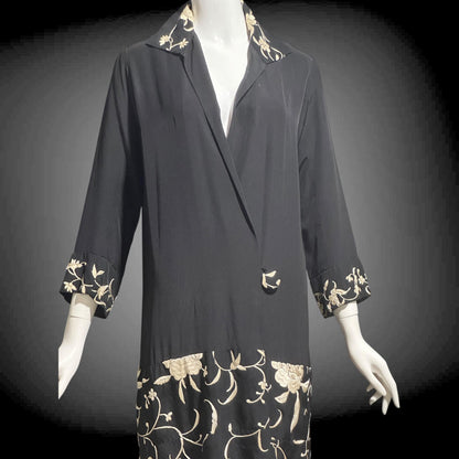1930s vintage evening coat, Embroidered black and white flapper opera coat duster