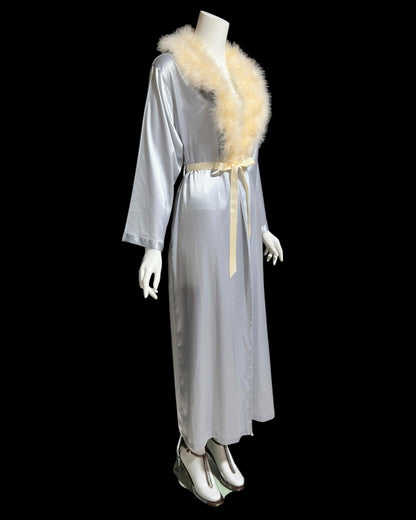 NATORI vintage 1980s dressing gown robe, shiny silver grey marabou feather trim peignoir housecoat