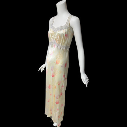 RADCLIFFE vintage 1930s nightgown, "Great Master Print" floral hydrangea night dress, bias cut with pale blue eyelet lace