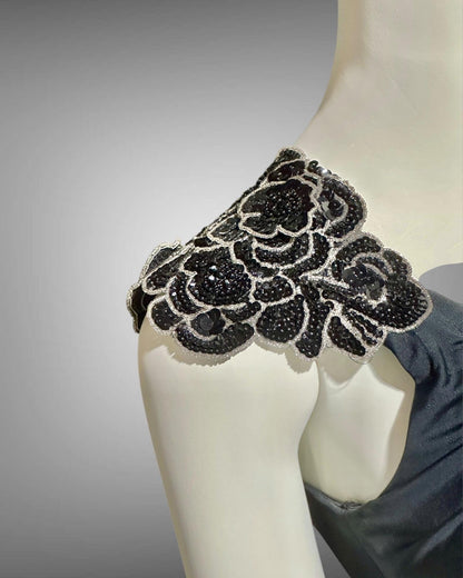 EUGENE ALEXANDER, vintage 1980s evening dress, Slinky Black sheath One Shoulder Grecian Goddess gown