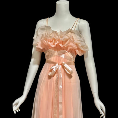 VANITY FAIR, vintage 1950s nightgown slip dress, peaches and cream sheer chiffon ruffles Grecian goddess gown