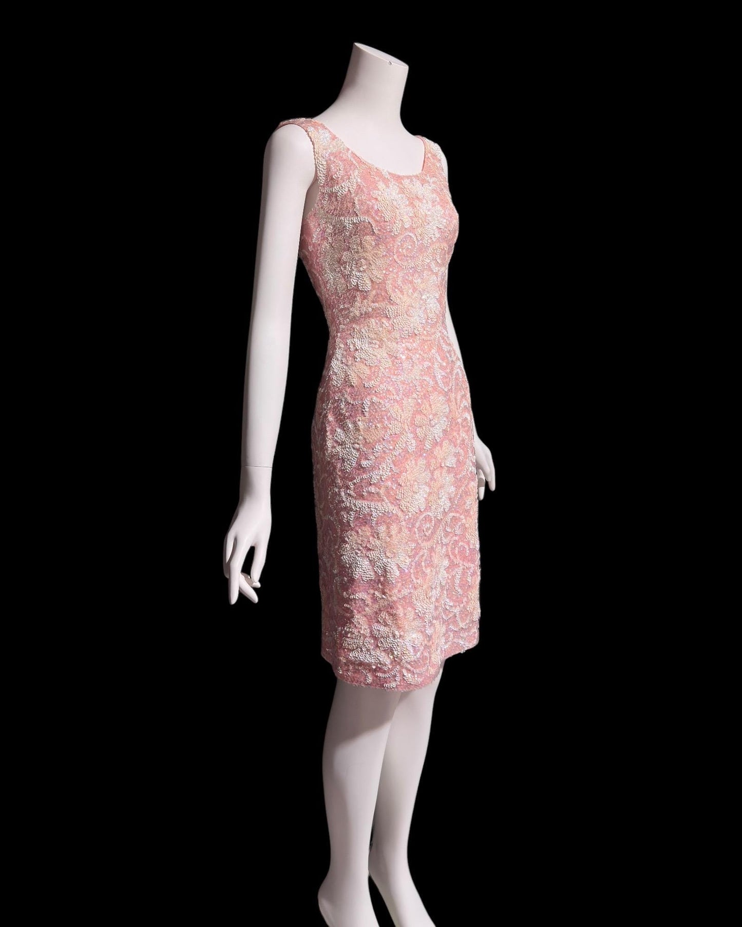 1960s vintage pink sequin slip tank cocktail dress, Wool knit Stretchy bombshell cut