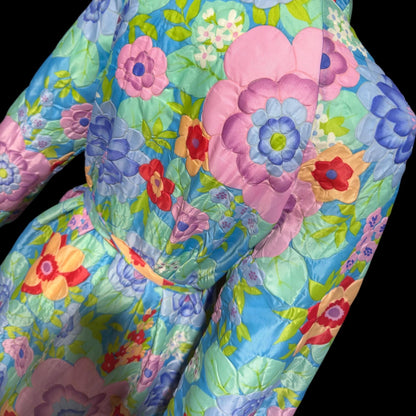 STELLA FAGIN, vintage 1960s Robe, Long Airy Blue and Pink Embossed Flower Wrap Front dressing gown