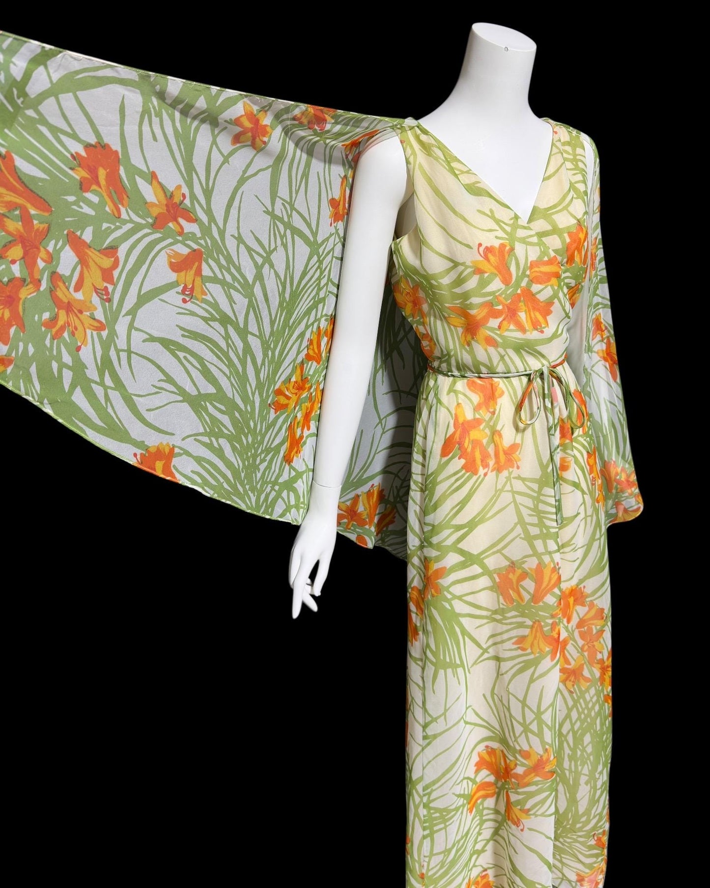 MARITA vintage evening dress gown, 1970s floral poly chiffon cape back scarf dress