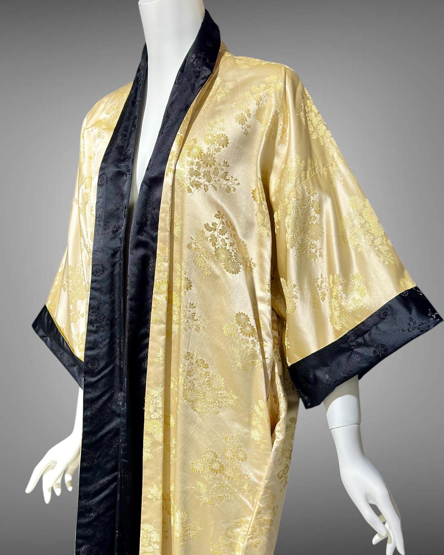 HAYASHI vintage 1960s evening coat, Reversible Gold Black Silk Satin Japanese duster opera coat