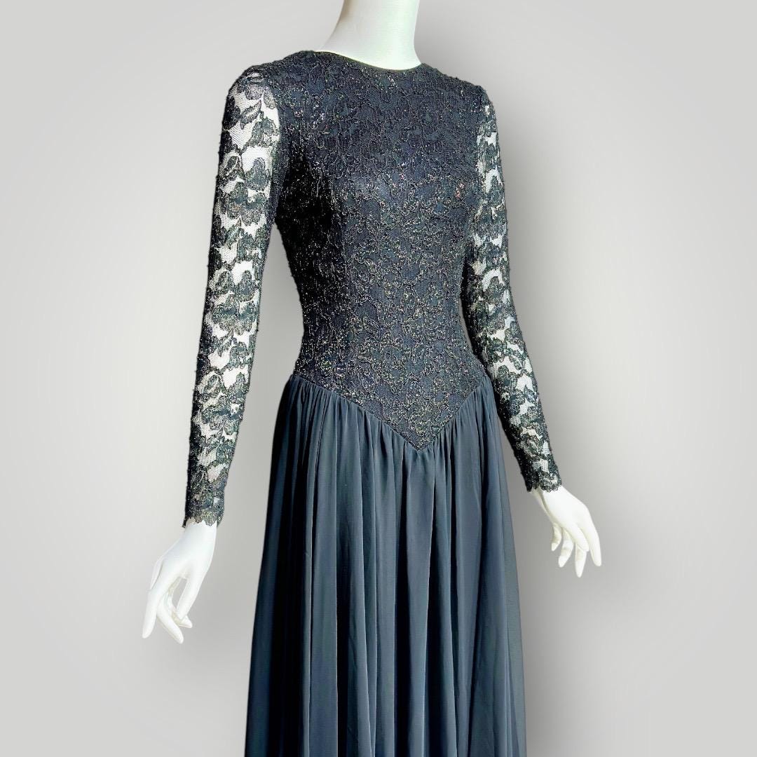 JOHN CHARLES vintage 1980s evening dress, black stretchy lace Jersey Knit with chiffon skirt