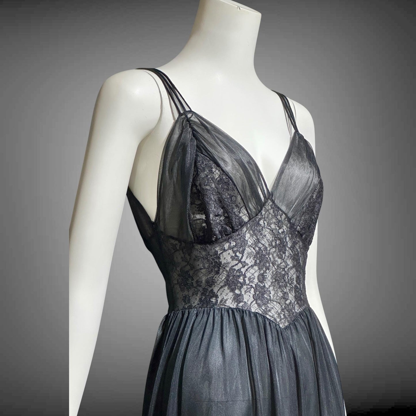 Rogers vintage 1950s Black Lace Nylon Nightgown Slip Dress