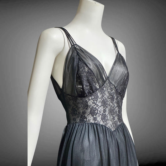 Rogers vintage 1950s Black Lace Nylon Nightgown Slip Dress