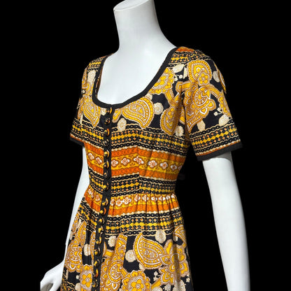 OSCAR de la RENTA, vintage 1960s day dress, Orange and Black Paisley and floral cotton dress