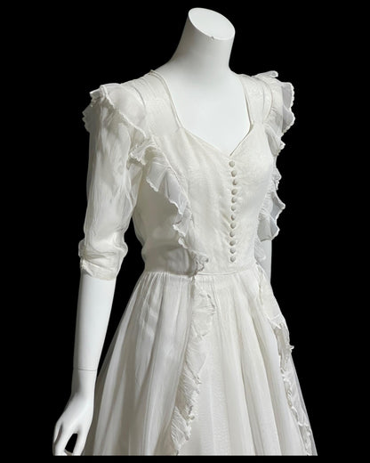 1940s vintage evening dress, White mesh ruffle wedding prom dress with full skirt