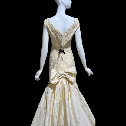 1980s Custom Made vintage wedding dress, dated 1989, Cream lace beads silk mermaid gown