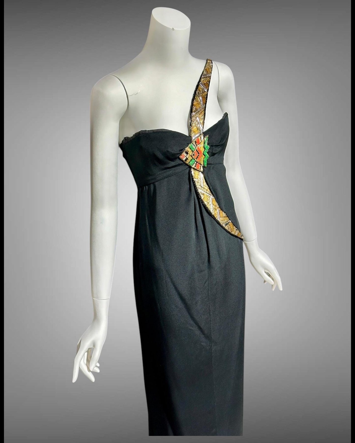 BERNARD PERRIS, vintage 1980s evening dress, black silk beaded one shoulder sheath column gown