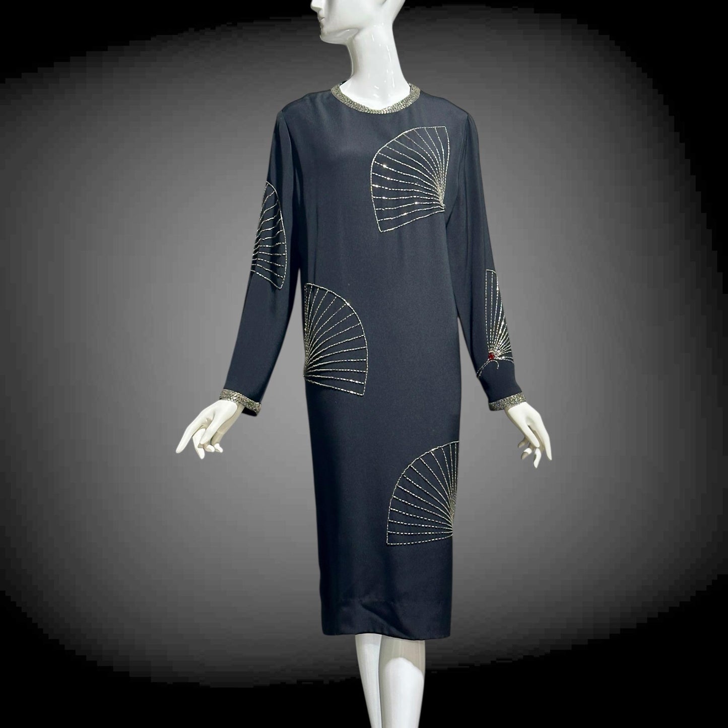 ADELE SIMPSON 1980s black cocktail party shift dress with beaded fans