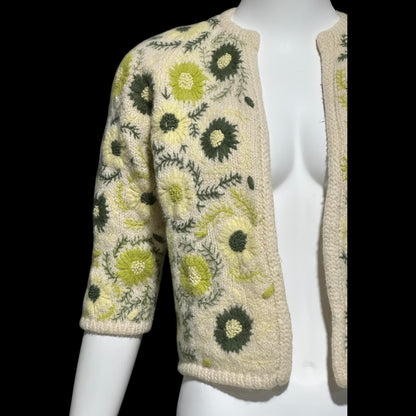 GENE SHELLY vintage 1950s cardigan sweater, open front embroidered wool cropped sweater