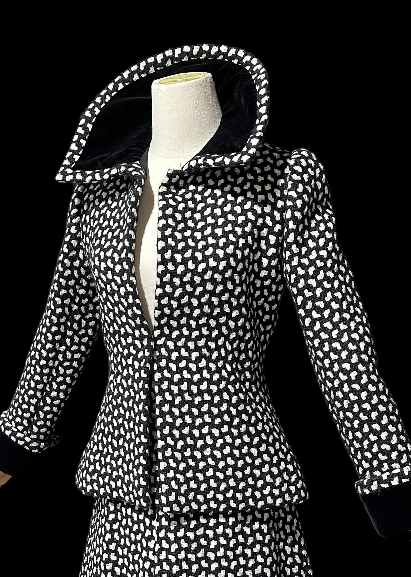 ARNOLD SCAASI COUTURE jacket skirt suit set, 1970s business suit, Black white houndstooth