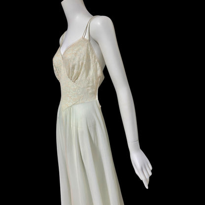 Vanity Fair Nightgown slip dress: Vintage 1940s Sheer pale green nylon and Lace Old Hollywood Glamour gown