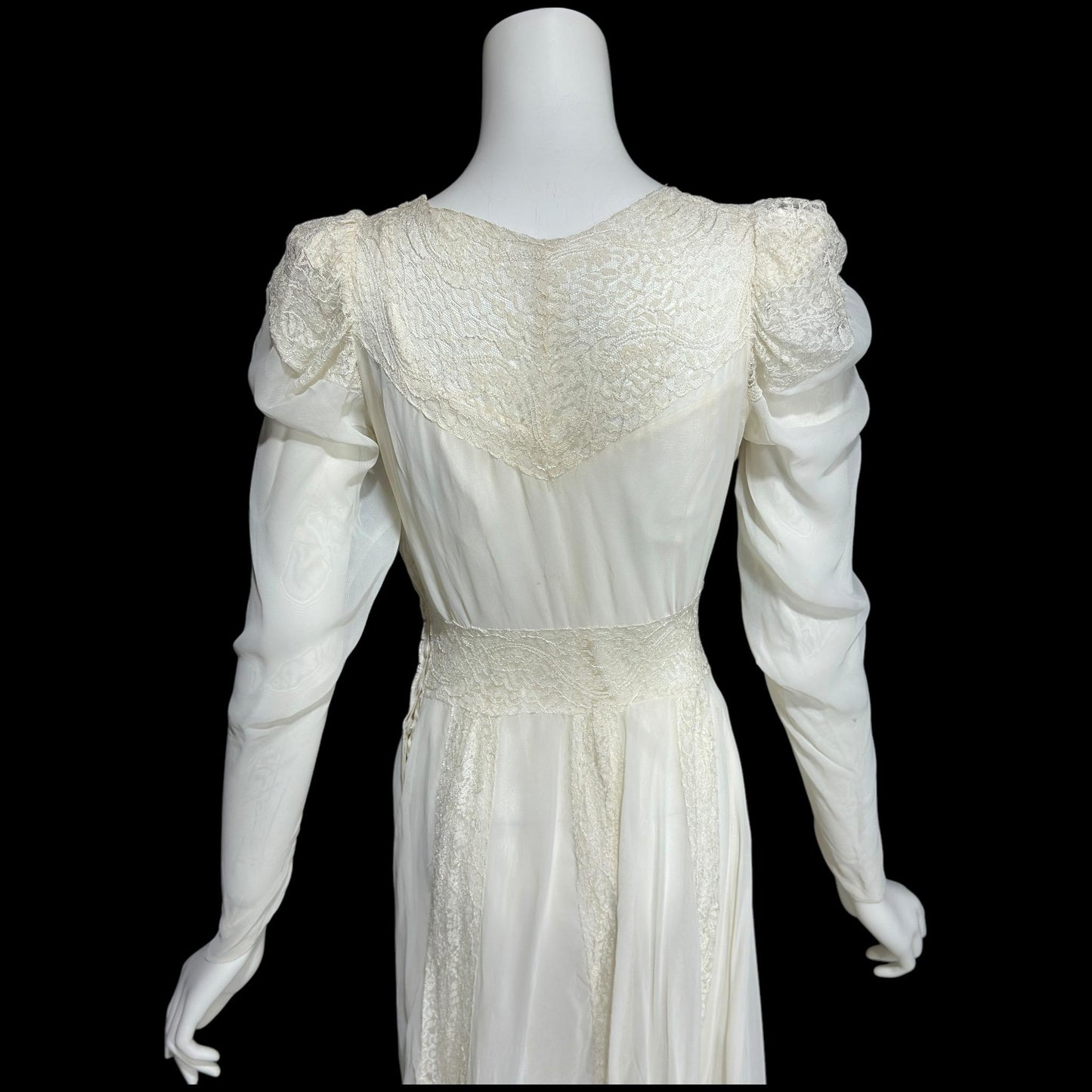1940s vintage wedding dress, White sheer long sleeve sheath slip gown with train and slip
