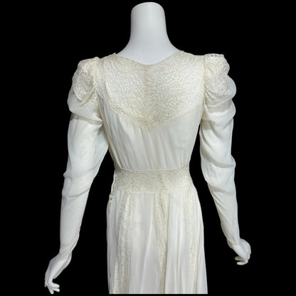 1940s vintage wedding dress, White sheer long sleeve sheath slip gown with train and slip