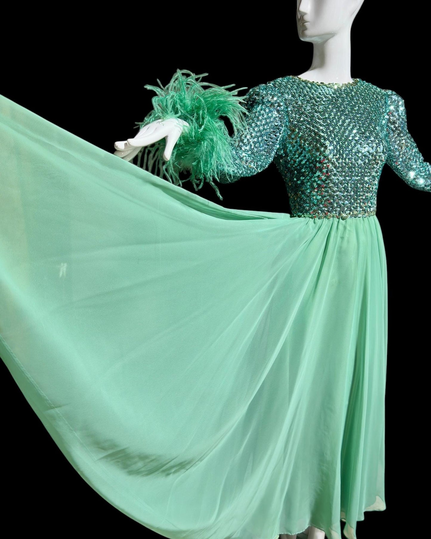 Custom Made, vintage 1970s evening dress gown, sea green chiffon and sequin ball gown with Ostrich Feathers