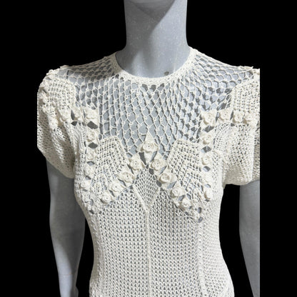 1970s vintage white crochet dress, all cotton blouson shirtdress, midi length