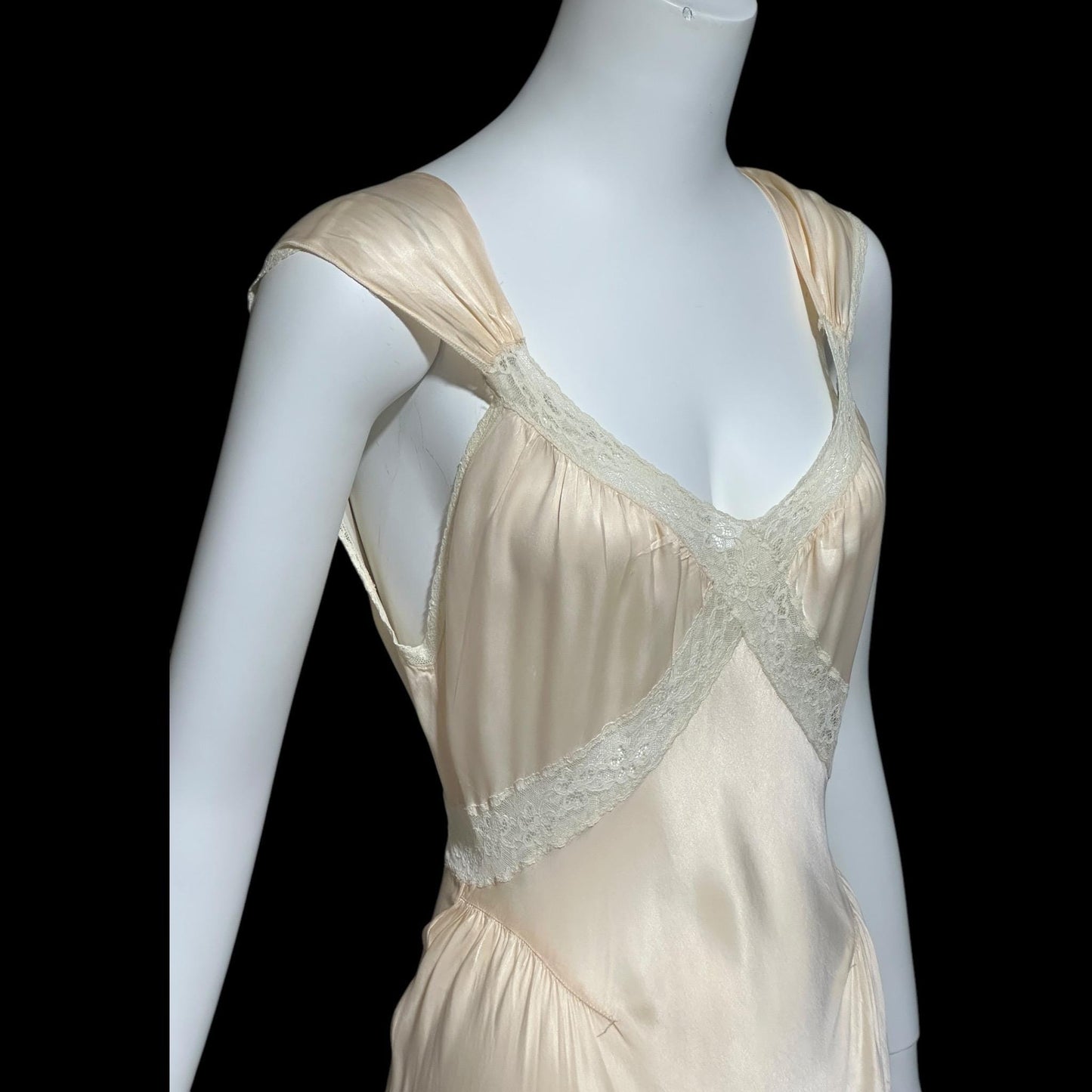 LAROS, vintage 1940s nightgown slip dress, soft peach bias cut Bemberg rayon slip dress