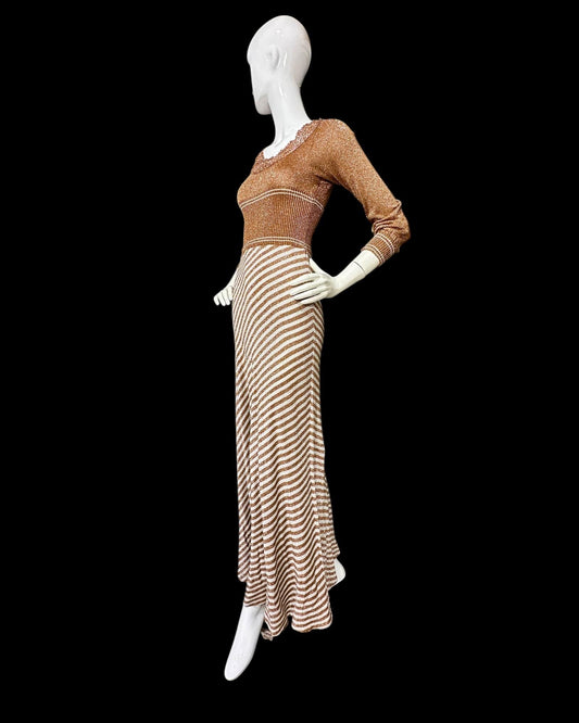 WENJILLI, vintage 1970s lurex maxi dress, Copper Metallic lurex Knit Maxi Dress Crochet Neckline