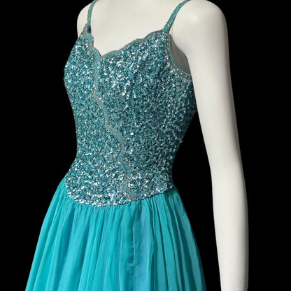 MIKE BENET, vintage 1960s evening dress, mermaid teal blue chiffon beaded sequins prom dress